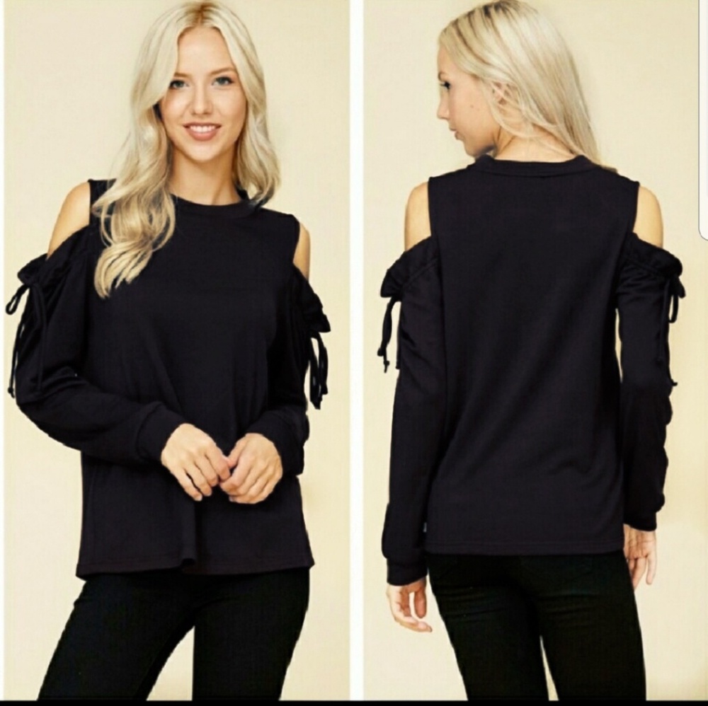 🖤Sexy Black Cold Shoulder Top with Ties - Picture 1 of 3